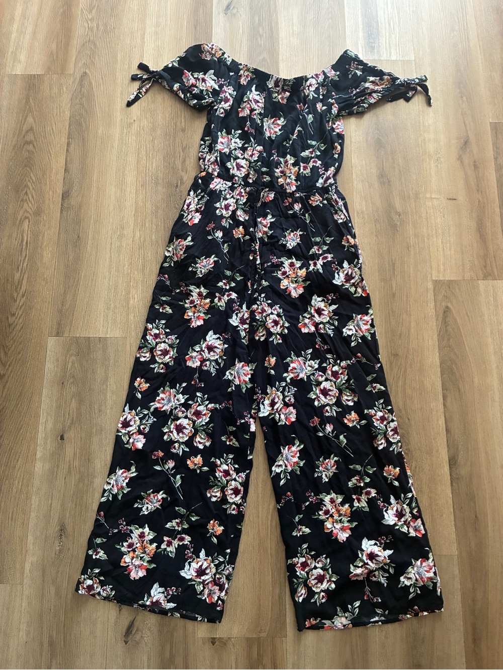 Xhilaration Black Floral Off-Shoulder Wide-Leg Jumpsuit Size Medium